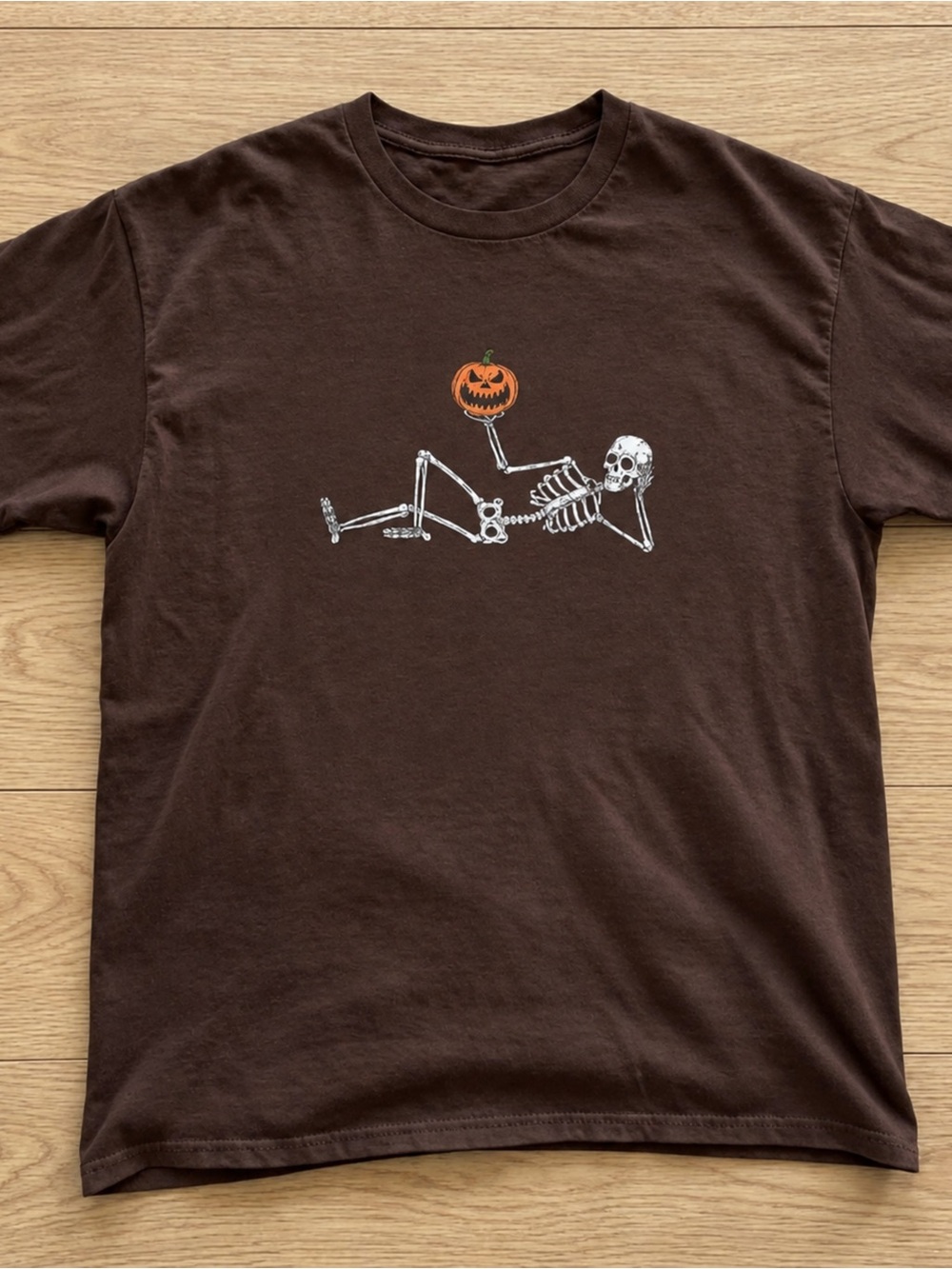 Gildan Brown Tee with White Skeleton and Orange Pumpkin Graphic